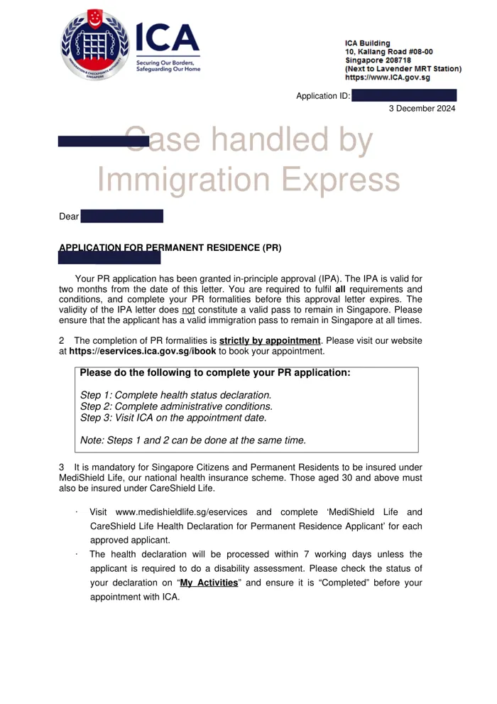 Redacted ICA letter: Permanent Residence, Dec 2024